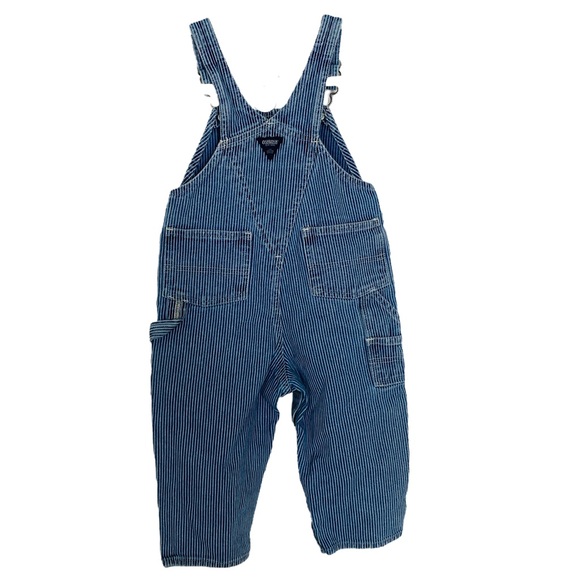 OSH KOSH Baby 24M Blue & White Pin Striped Denim Overalls Bibs With Diaper Snaps - Picture 3 of 15